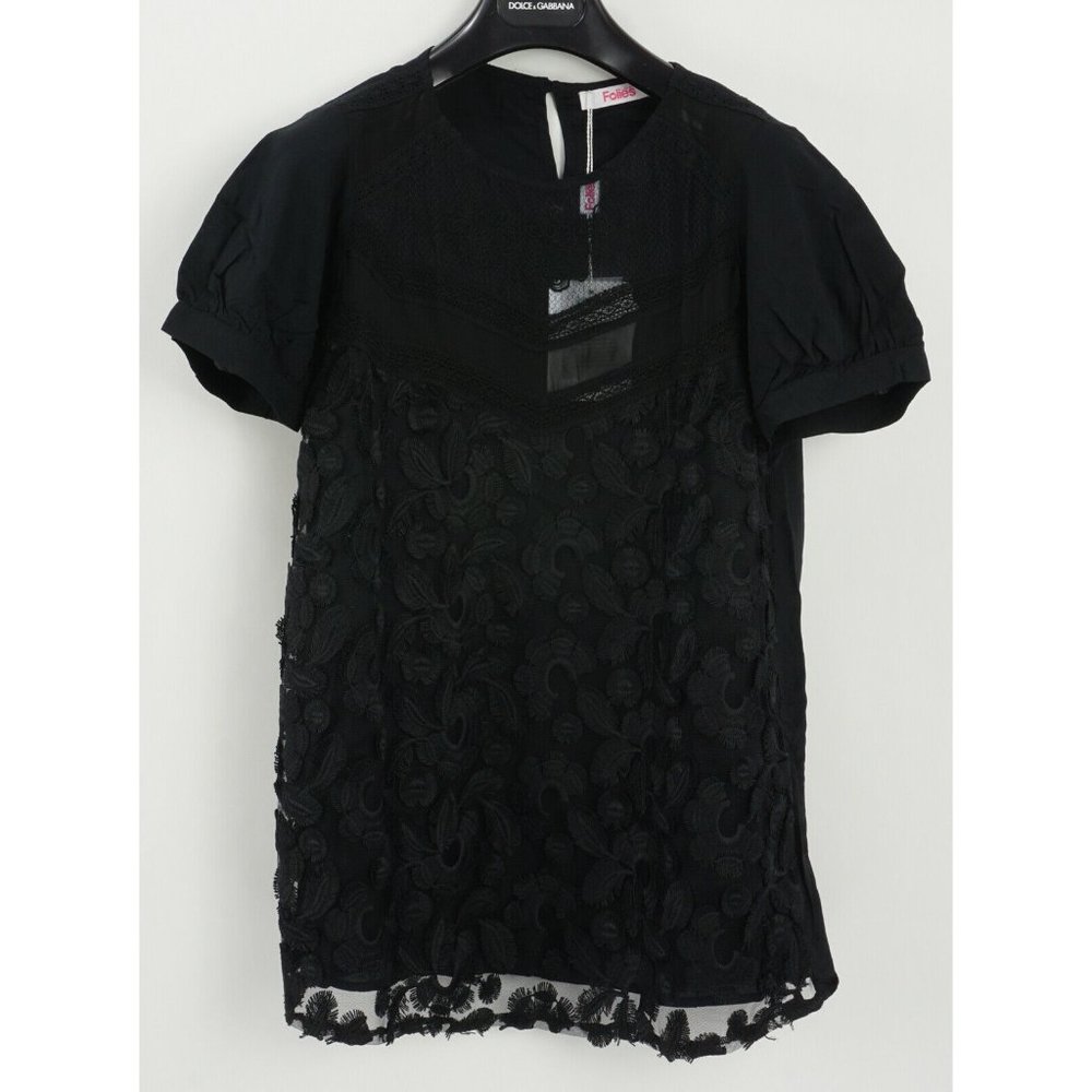 New Blugirl Folies Women's 42 Medium Tulle Lace Black Floral Short Sleeve Blouse